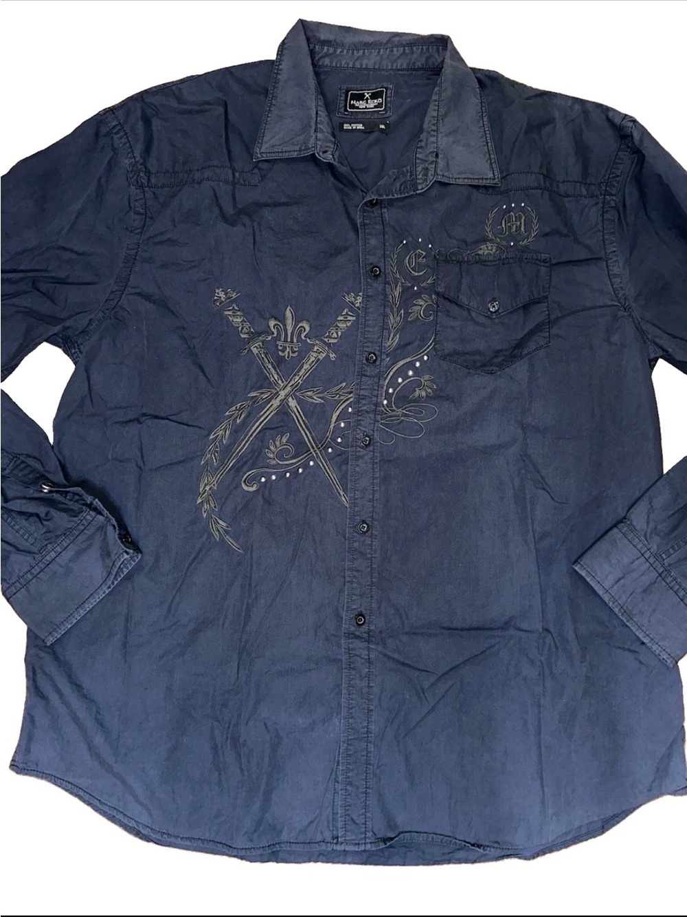 Marc Ecko Men's Big & Tall 3XL Black Solid Woven Cotton Button Down Studded Y2K